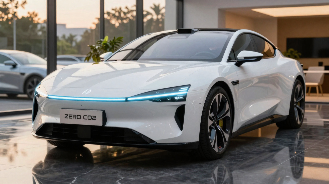 Weißes Elektroauto mit blauem LED-Lichtstreifen und "ZERO CO2"-Kennzeichen in modernem Showroom.