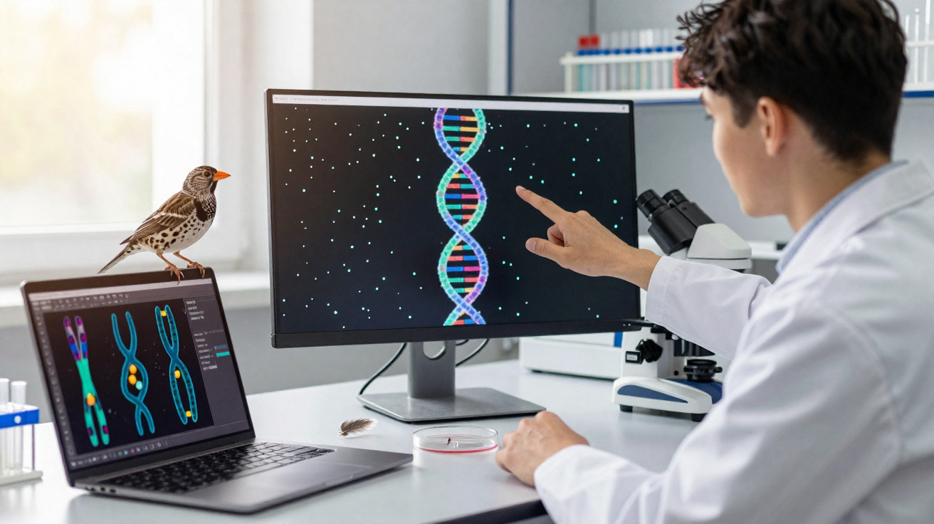 Forscher im Labor analysiert DNA-Doppelhelix auf Bildschirm, kleiner Vogel sitzt auf geöffnetem Laptop.