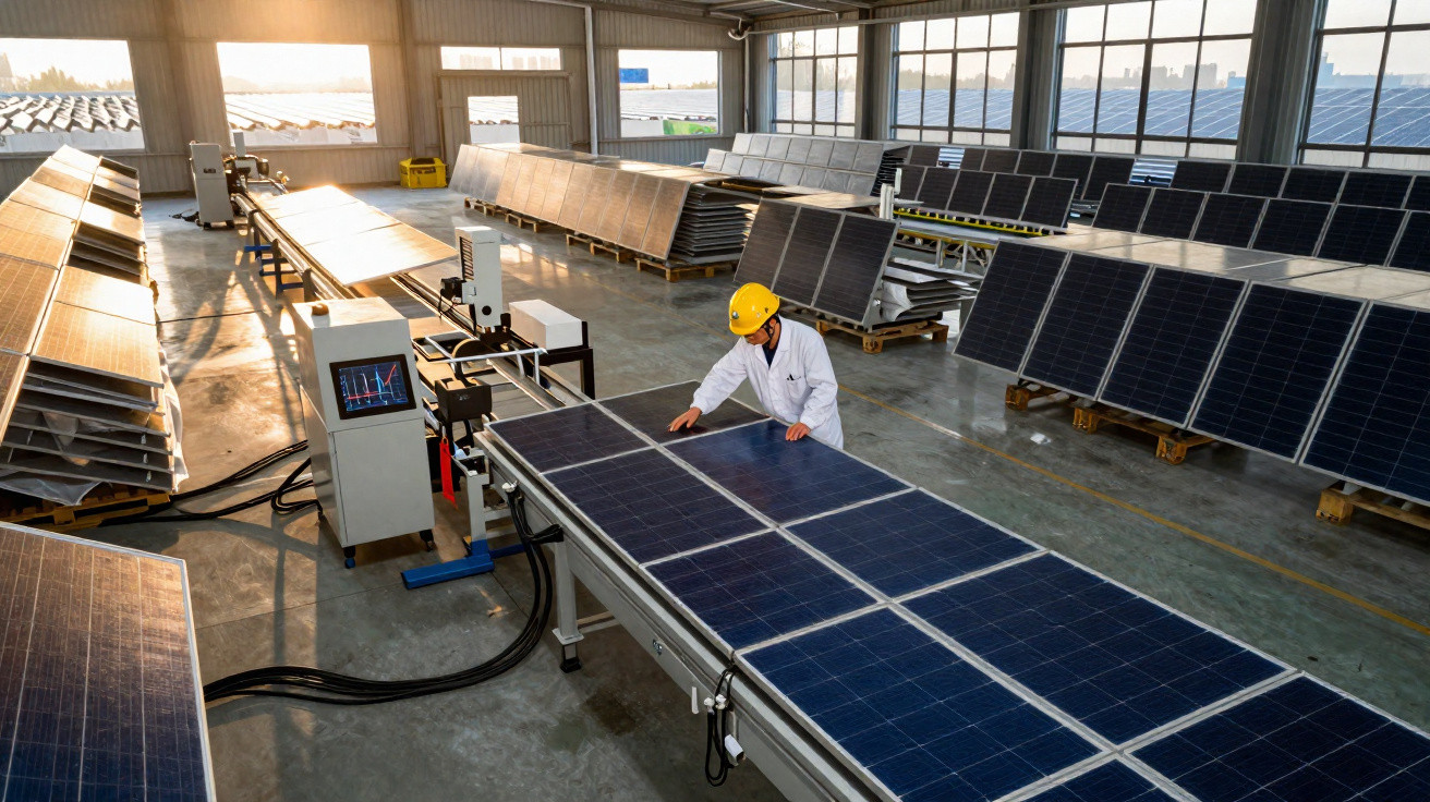 Mitarbeiter in Schutzhelm prüft Solarmodule in einer hellen Produktionshalle mit vielen Panels.