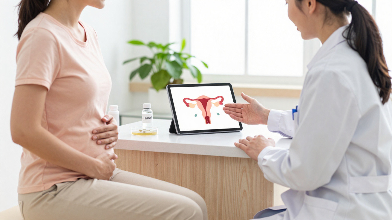 Frau hält sich schwanger den Bauch, Ärztin zeigt auf Tablet mit Grafik der weiblichen Fortpflanzungsorgane.