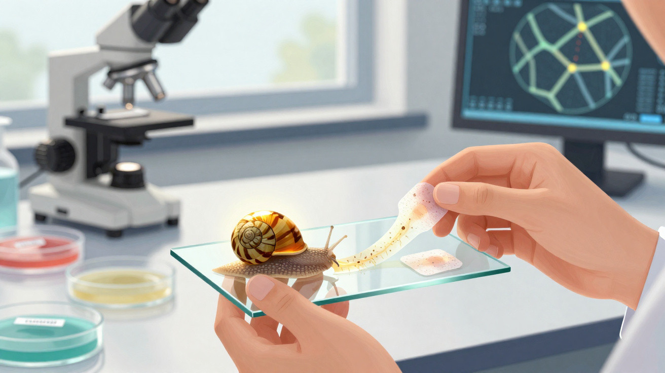 Nahaufnahme einer Hand, die eine Schnecke auf einem Glasobjektträger im Labor mit einem Wattestäbchen untersucht.