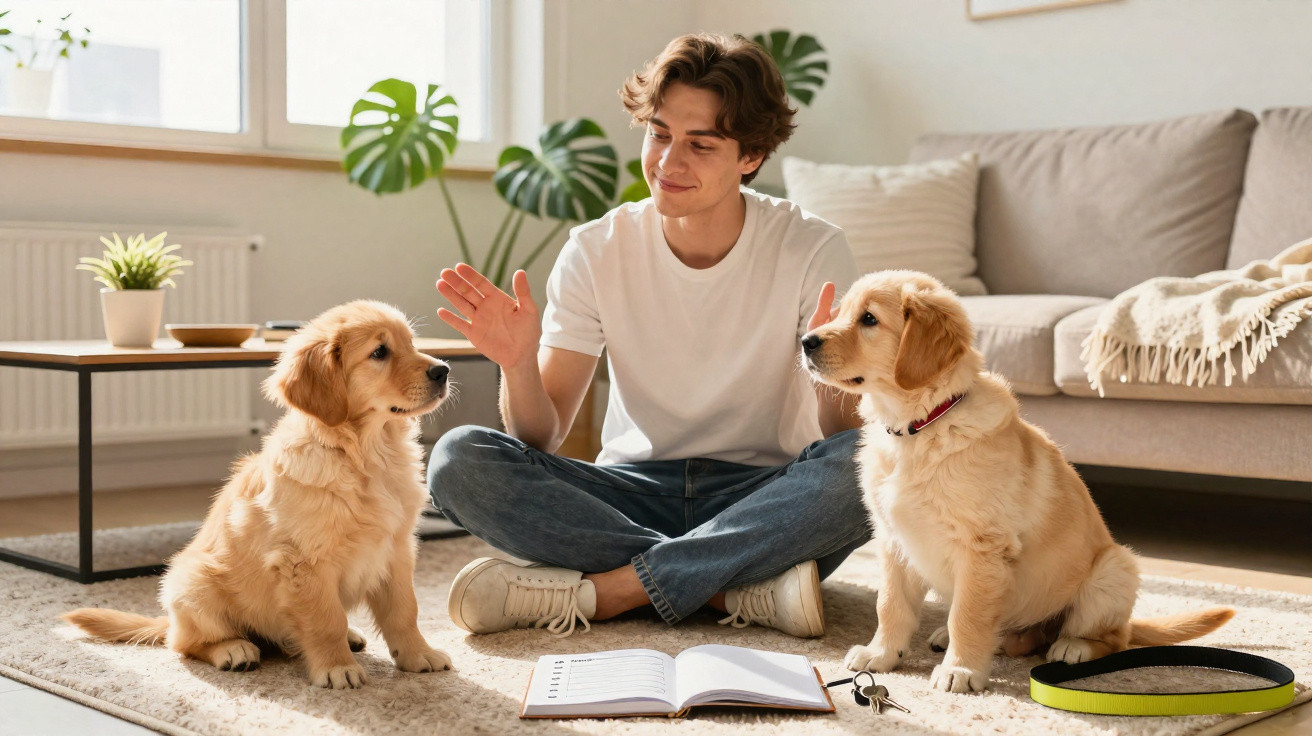 Junger Mann sitzt im Wohnzimmer und trainiert zwei Golden Retriever Welpen mit Buch und Frisbee.