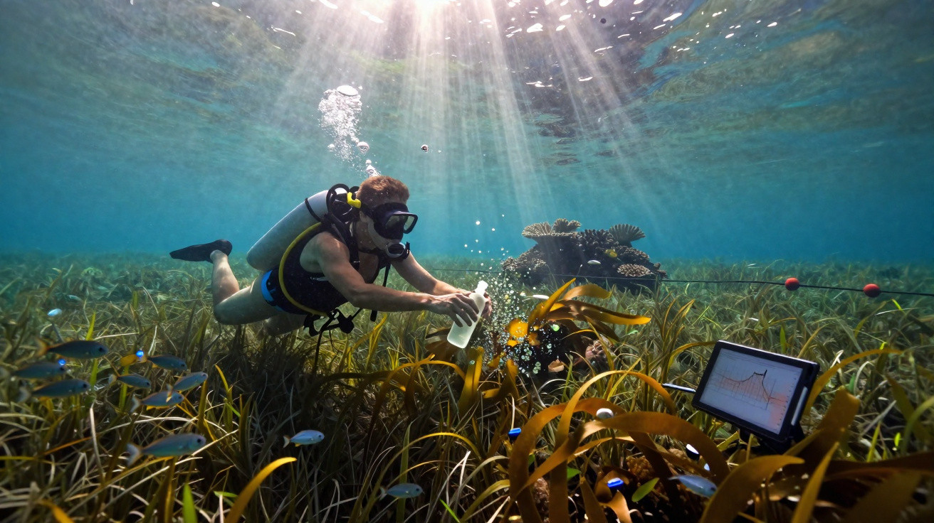Taucher nimmt Wasserprobe in einem Korallenriff mit Unterwassersensor und Fischschwarm bei Sonnenlicht.