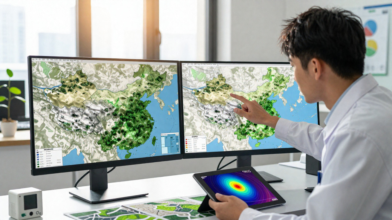 Wissenschaftler analysiert topografische Karten Chinas auf zwei Bildschirmen mit Tablet in hellem Büro.