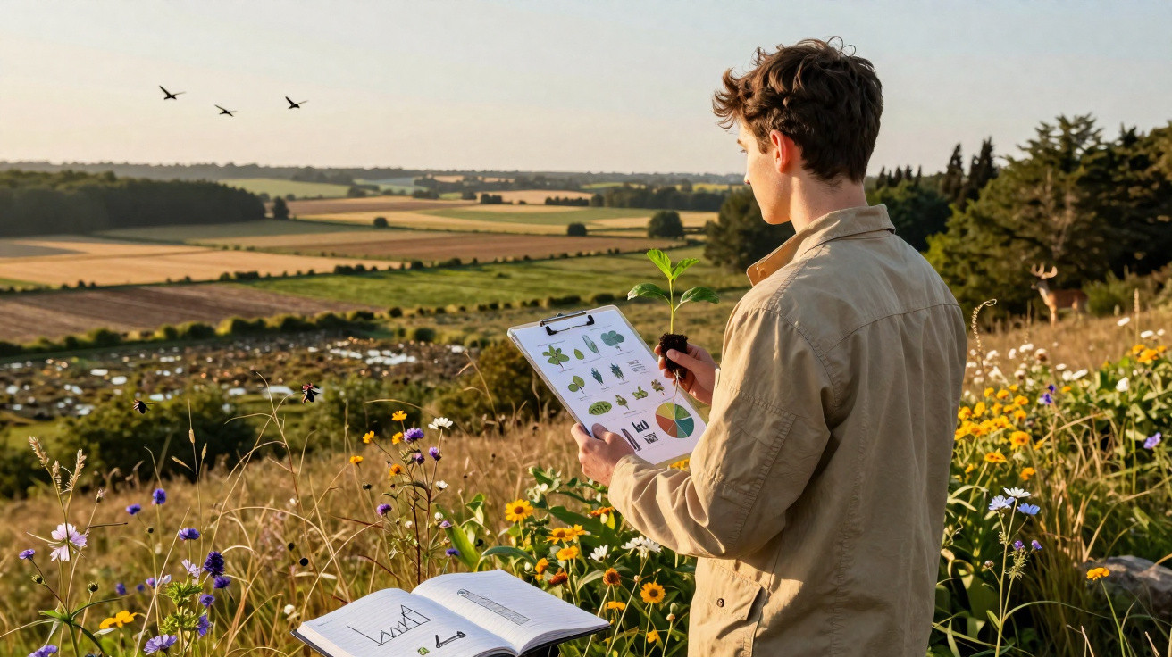 Junger Mann mit Pflanzen und Notizblock in blumiger Landschaft, drei Vögel fliegen am Himmel.