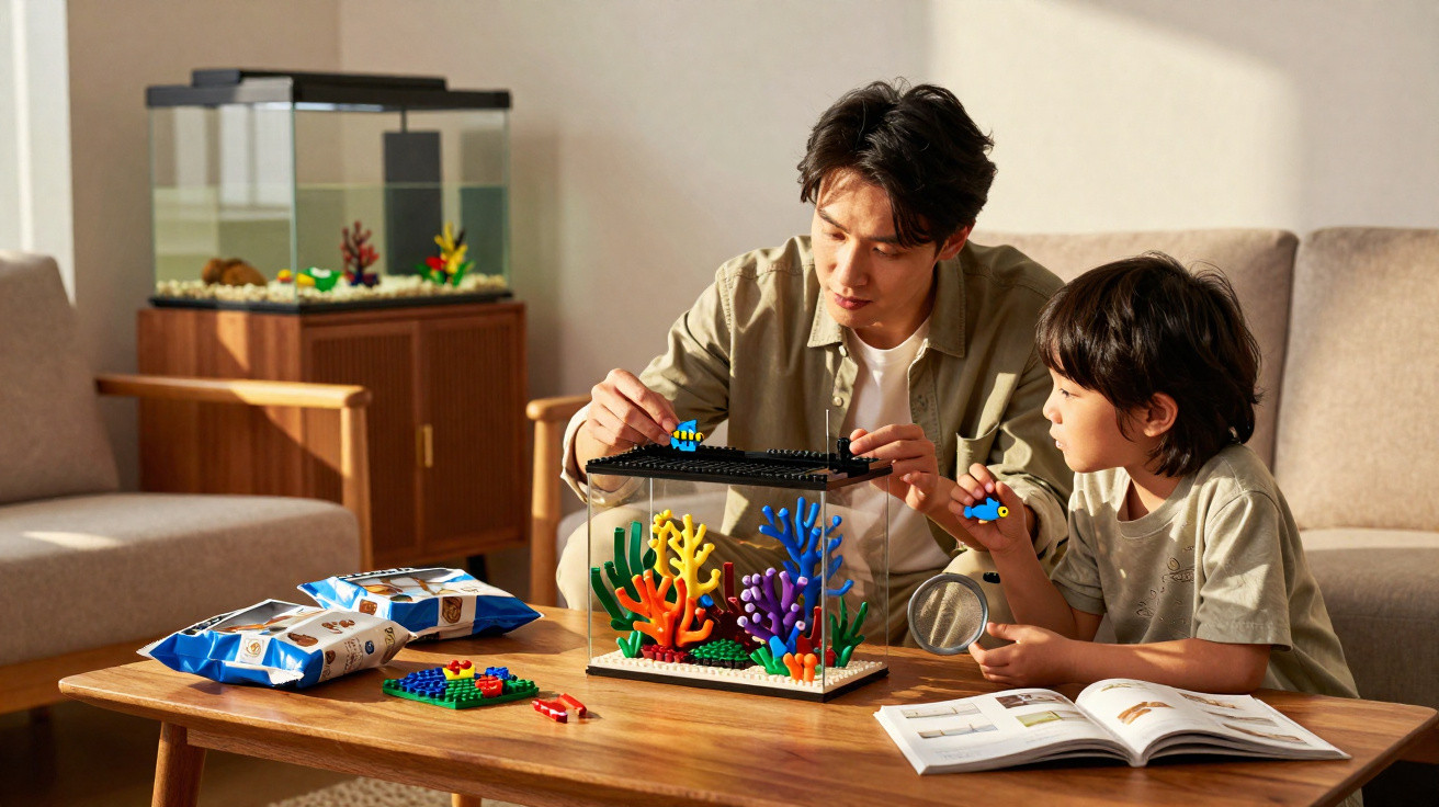 Vater und Sohn bauen gemeinsam ein buntes, legoförmiges Aquarium aus Steinen in einem Wohnzimmer.