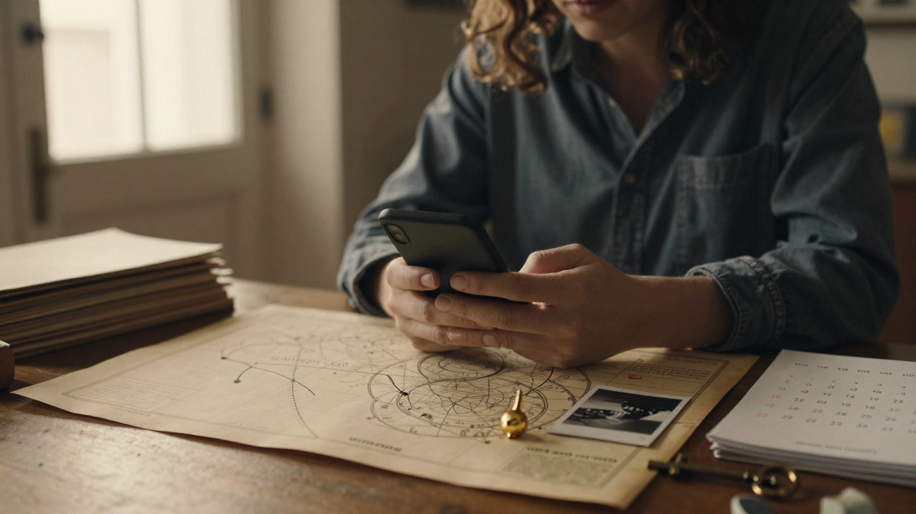 Person hält Smartphone über einem Tisch mit Papieren, Kalender und einer Spielzeugkreisel in warmem Licht.