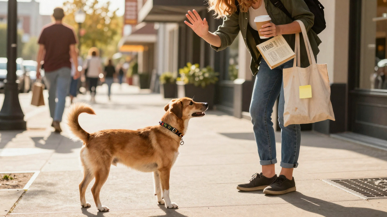Frau mit Kaffeebecher winkt einem kleinen braunen Hund auf sonnigem Bürgersteig zu.