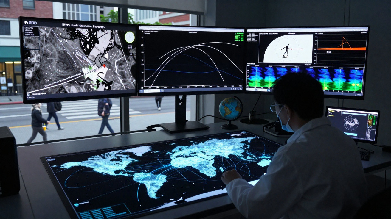 Person mit Maske arbeitet an digitalen Weltkarten und Datenanalysen auf mehreren Bildschirmen in modernem Kontrollraum.