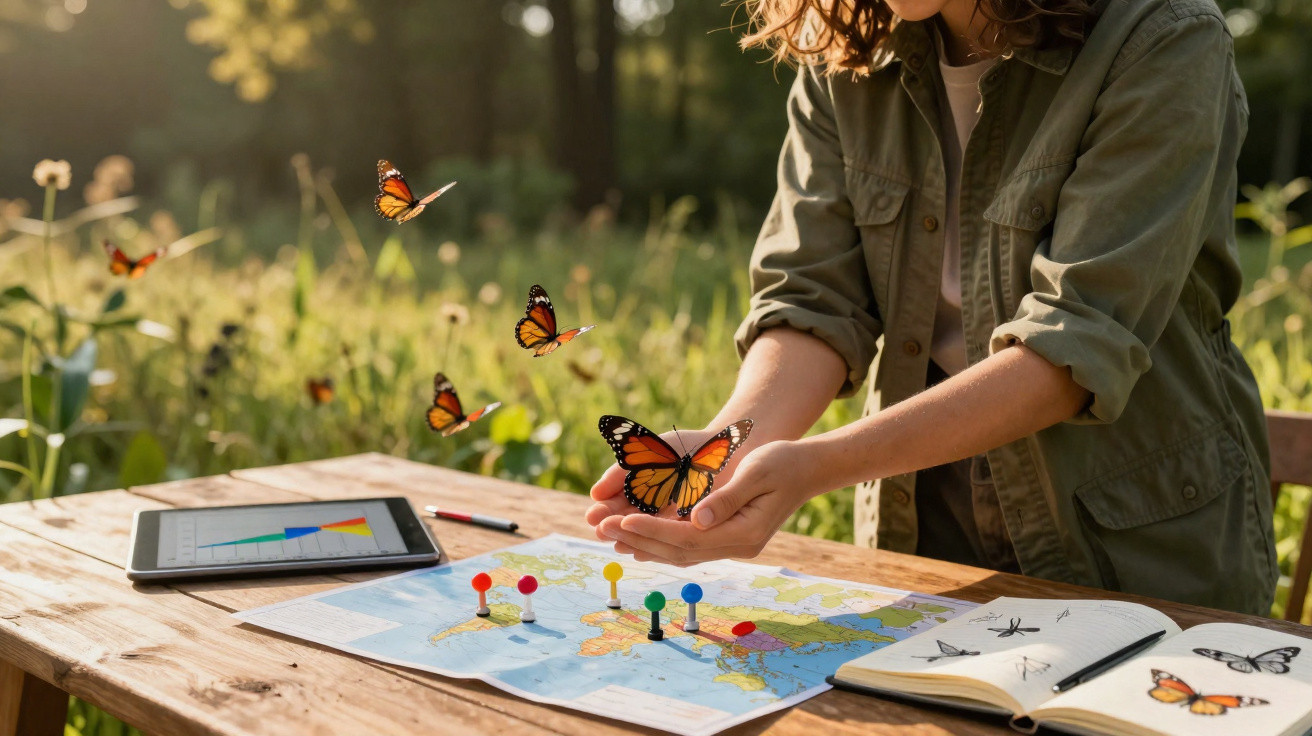 Frau hält Schmetterling über Landkarte mit Kartenmarkierungen, Schmetterlinge fliegen im Freien bei Sonnenlicht.