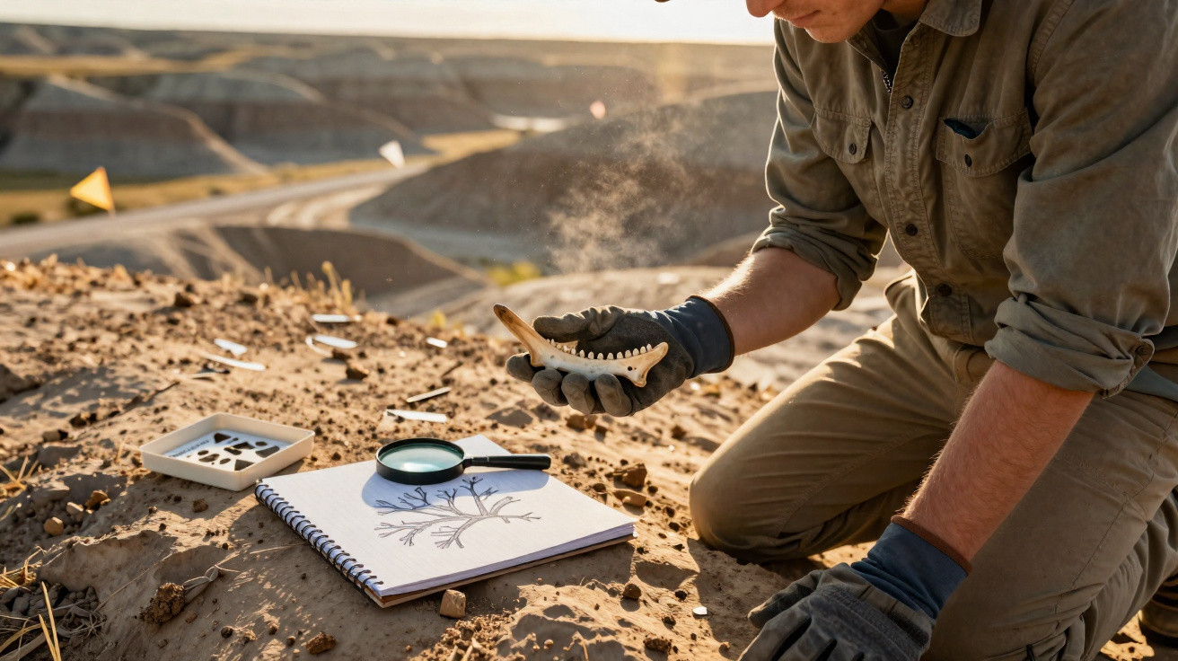 Archäologe untersucht fossilen Kieferknochen bei Ausgrabung in trockener, sandiger Landschaft mit Notizbuch und Lupe.