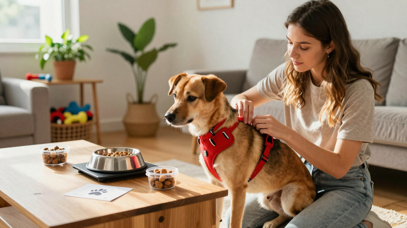 Frau legt Hund ein rotes Geschirr an, neben ihnen Futternäpfe auf einem Holztisch im Wohnzimmer.