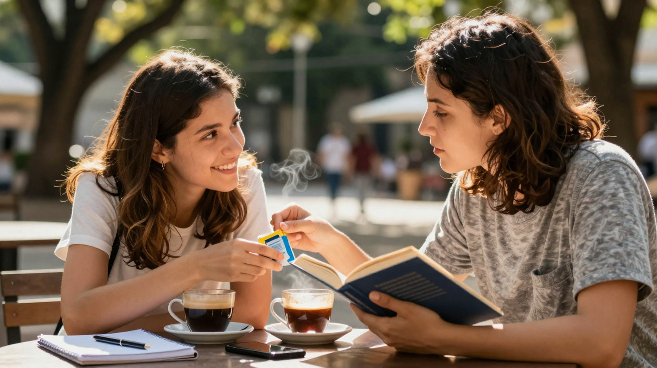 Zwei junge Frauen sitzen draußen, trinken Kaffee und unterhalten sich bei Sonnenschein am Tisch mit Buch und Notizblock.