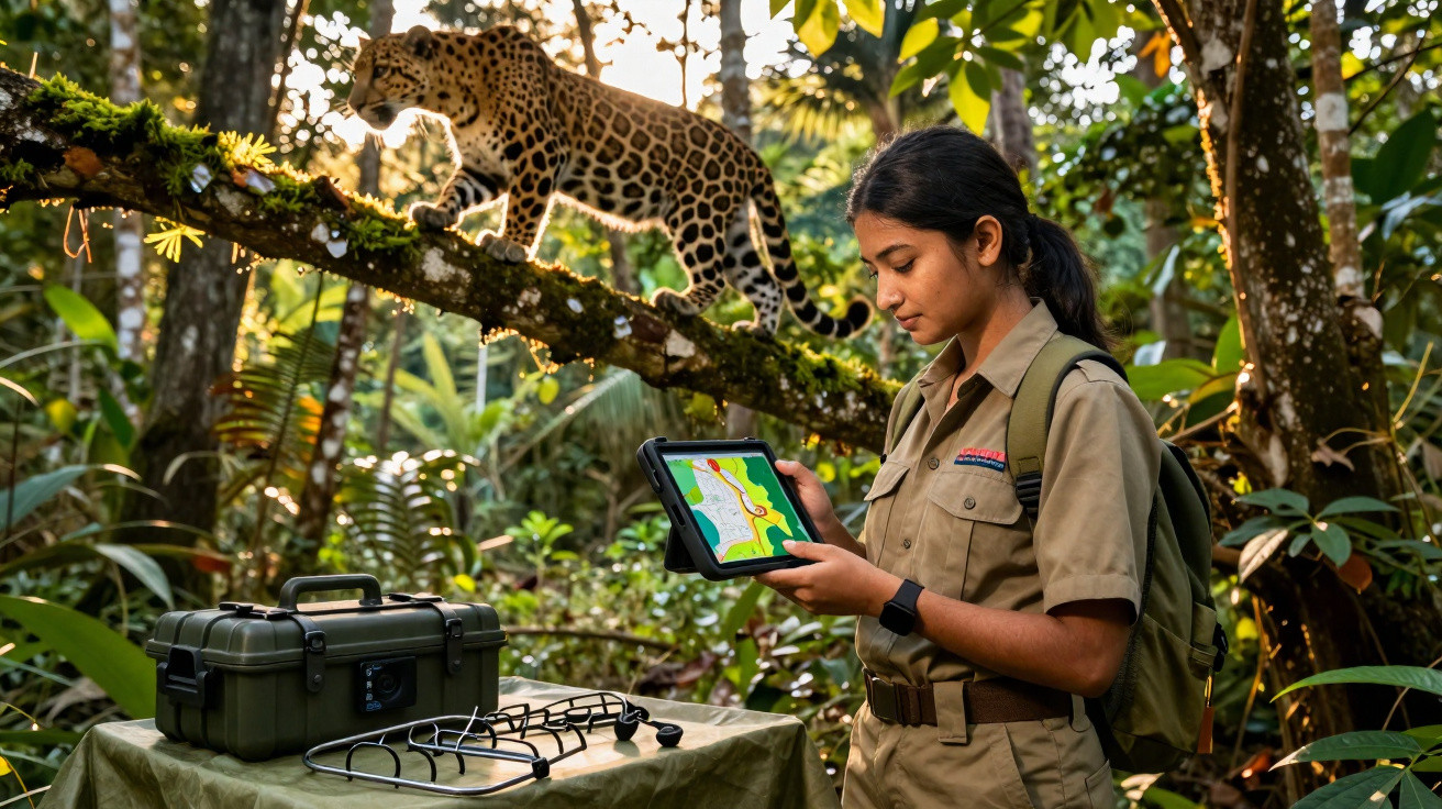 Frau im Feldforscher-Outfit benutzt Tablet, im Hintergrund ein Jaguar auf Baum im dichten Dschungel.