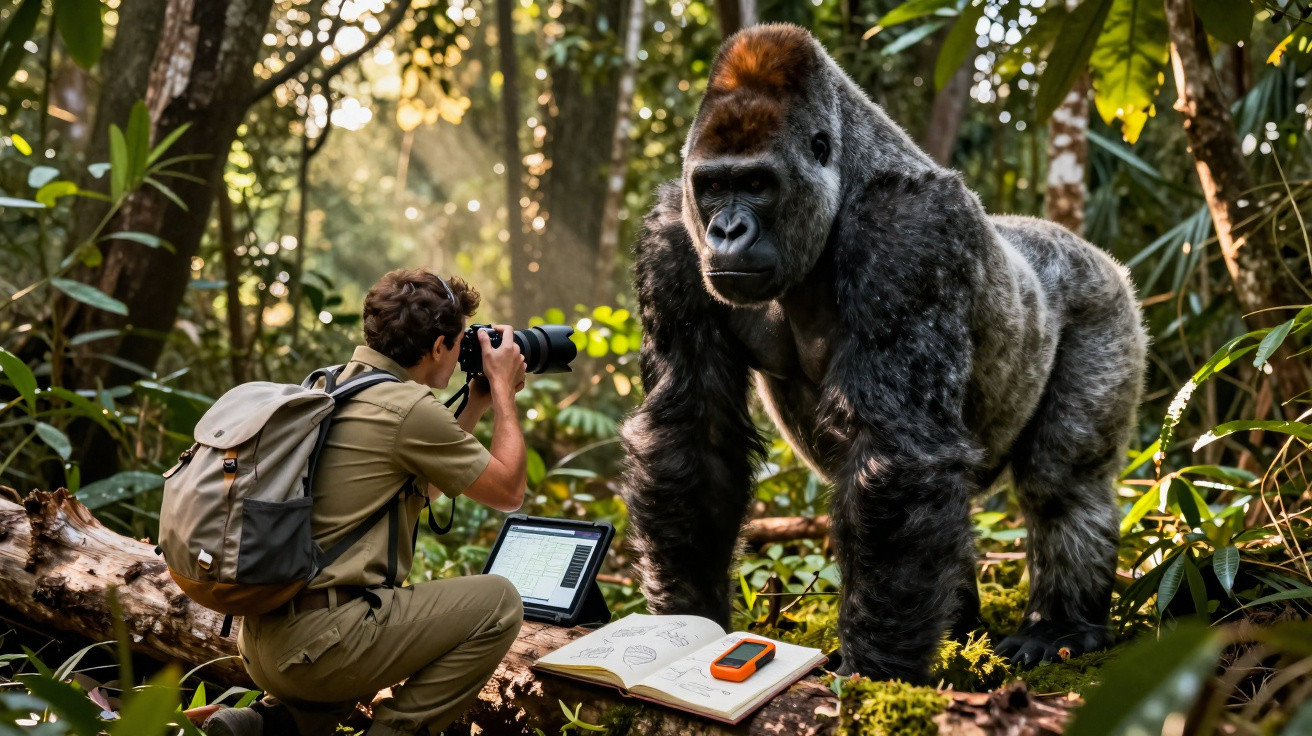 Ein Fotograf mit Kamera und Ausrüstung kniet vor einem großen Gorilla im dichten Dschungel.