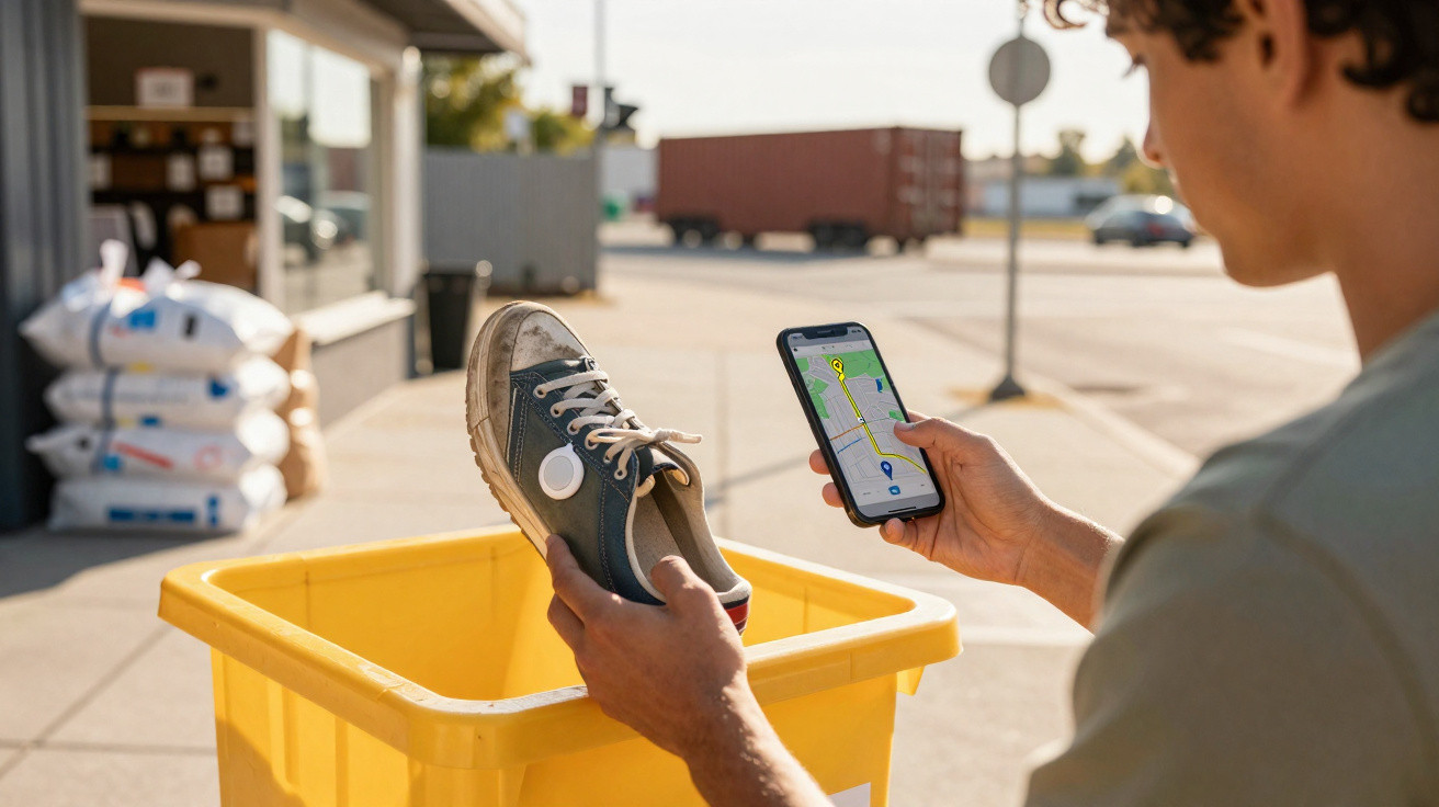 Person scannt Turnschuh mit Tracking-Gerät und überprüft Standort auf Smartphone vor gelbem Container im Freien.