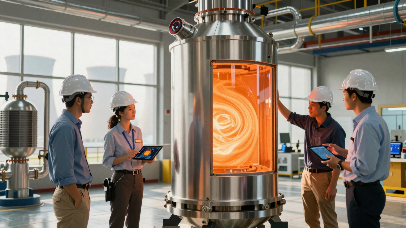 Ingenieure mit Schutzhelmen analysieren ein großes Gerät mit leuchtendem, swirlförmigem Inneren in Laborumgebung.
