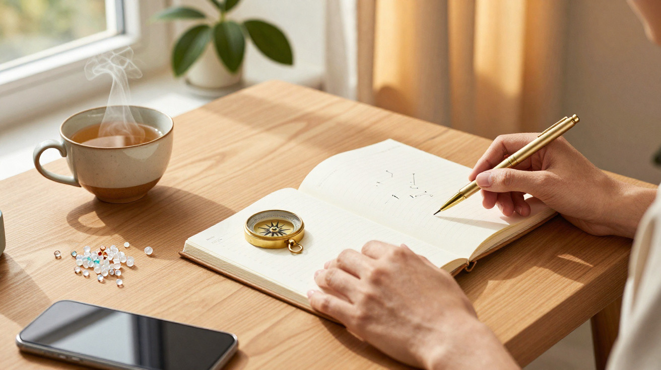 Person schreibt in ein Notizbuch, auf dem Tisch liegen Kompass, Handy, Perlen und dampfende Tasse Tee.