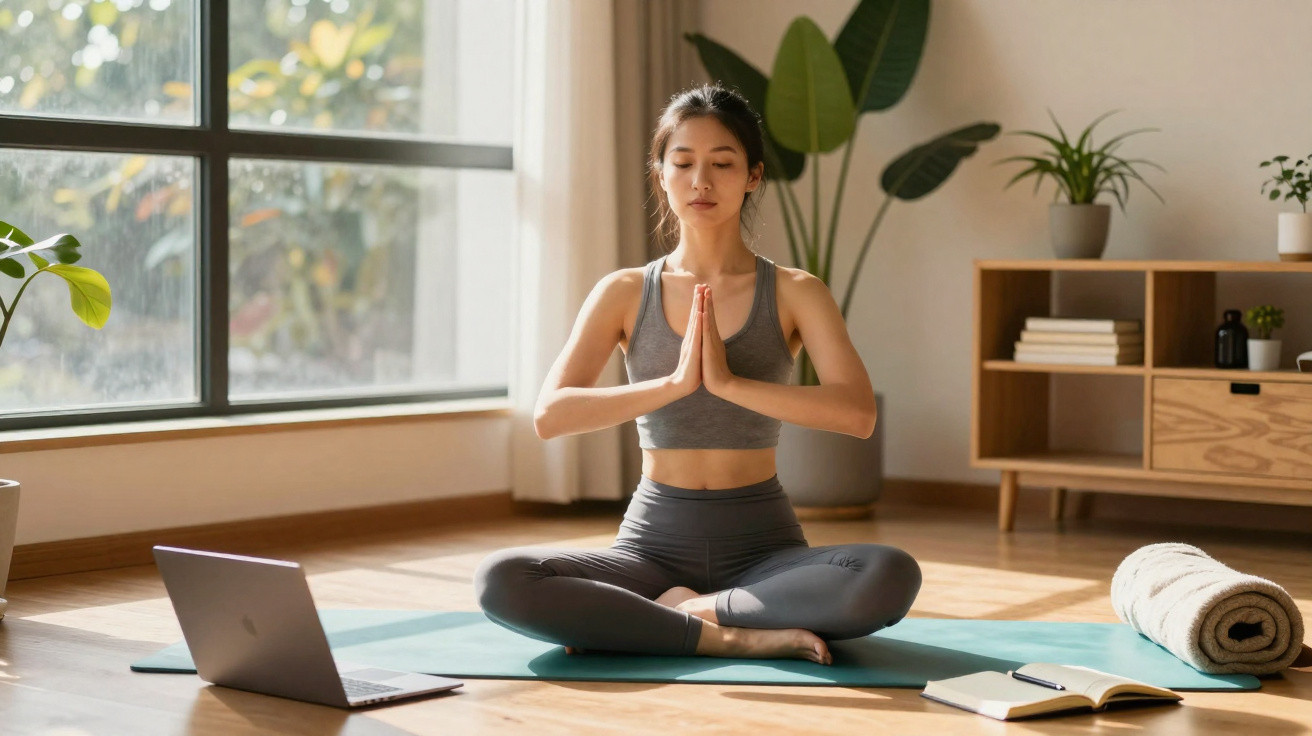 Frau meditiert im Schneidersitz auf Yogamatte in hellem Wohnzimmer mit Laptop und Buch neben sich.