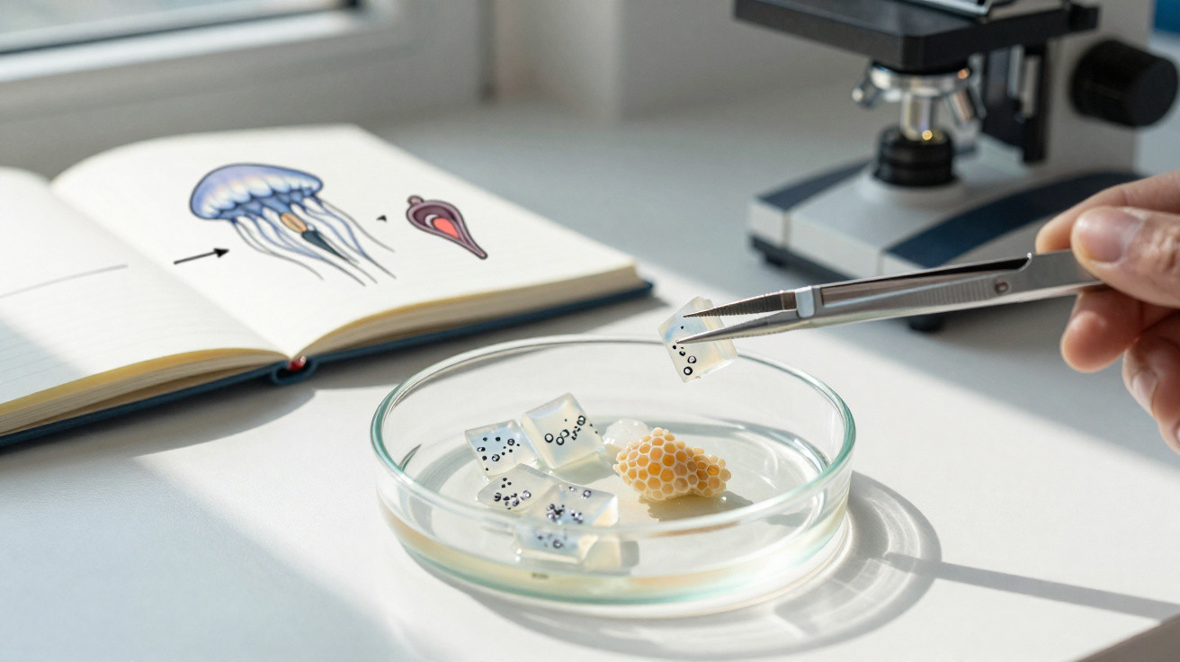 Hand hält mit Pinzette ein Stück transparentes Gel mit schwarzen Punkten über eine Petrischale, daneben ein Mikroskop und ein