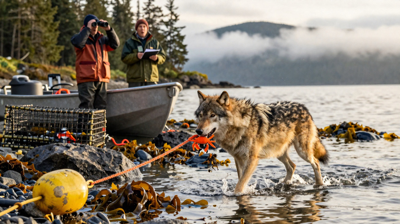 Wolf trägt Seil mit Schwimmboje am Ufer, zwei Männer beobachten von Boot im Hintergrund
