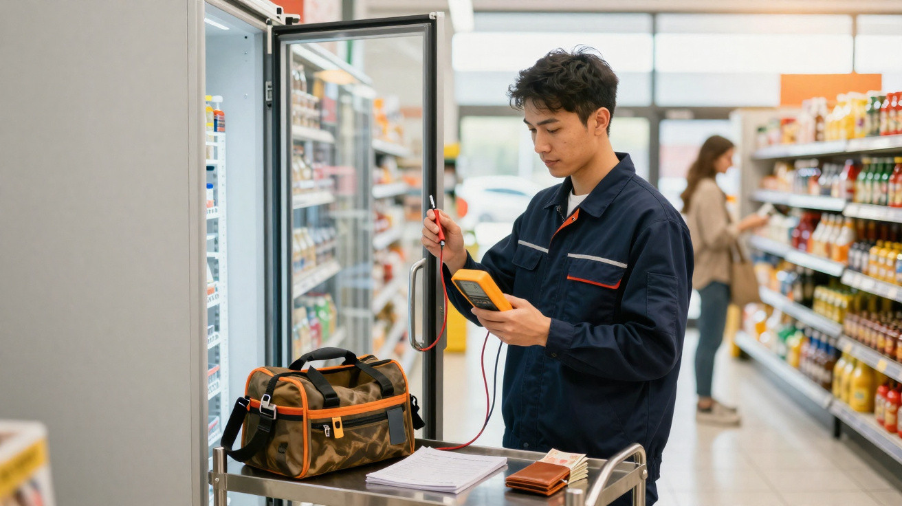 Mitarbeiter überprüft mit Messgerät Kühlregal im Supermarkt, Frau schaut im Hintergrund Regale an.