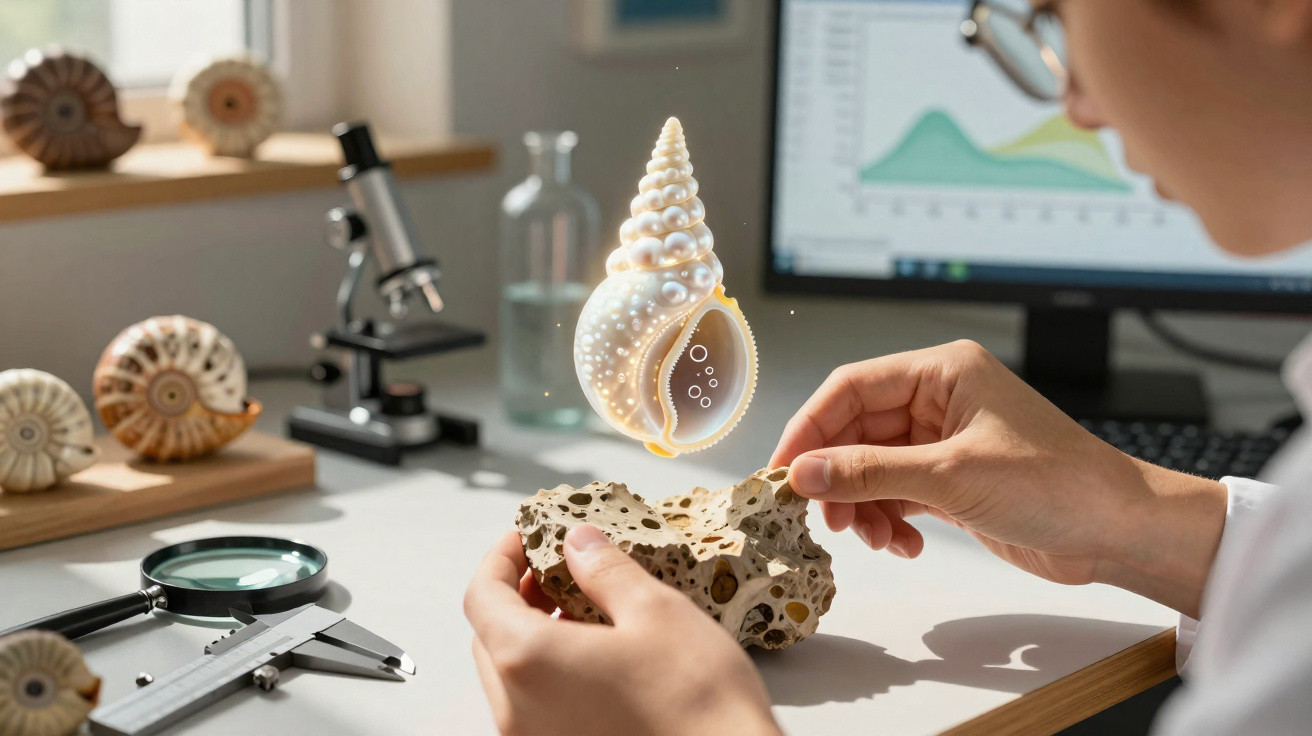Wissenschaftler untersucht fossile Muscheln und Gesteinsproben im Labor mit Mikroskop und Computer.
