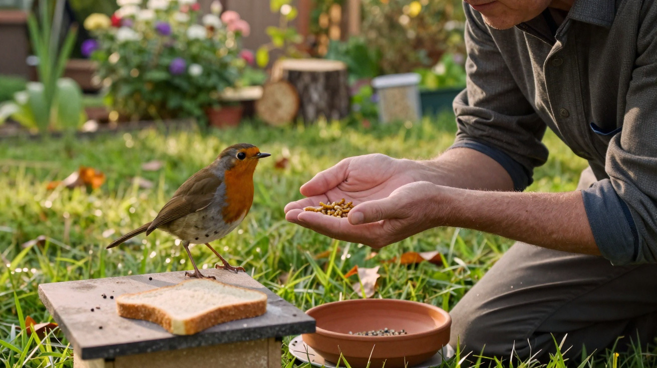 Mann füttert Rotkehlchen mit Futter in der Hand im Garten neben Brot auf Holzbrett.