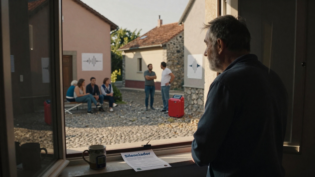 Ein älterer Mann schaut aus einem Fenster auf eine Gruppe von Menschen im Innenhof eines Hauses.