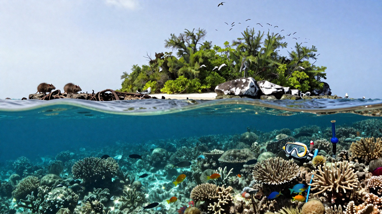 Halb über Wasser Blick auf tropische Insel mit Vögeln, darunter lebendiges Korallenriff und Taucher.