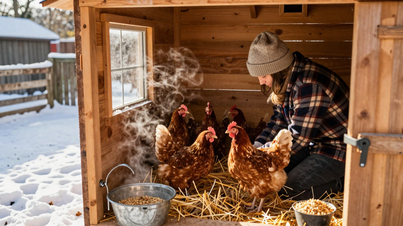 Frau füttert Hühner in einem Holzstall an einem verschneiten Wintertag, Dampf steigt aus Futterbehältern.