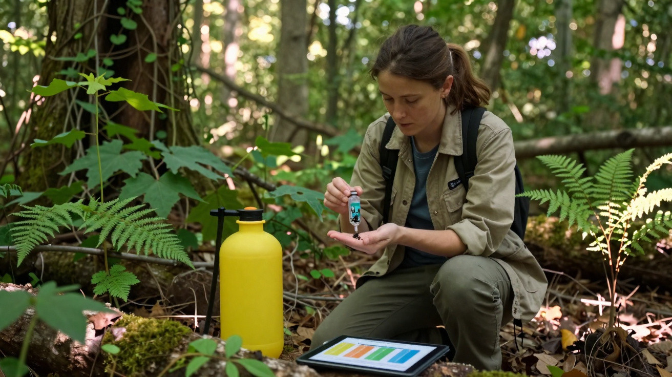Frau im Wald misst Wasserqualität mit Testgerät und verwendet Tablet zur Datenerfassung.