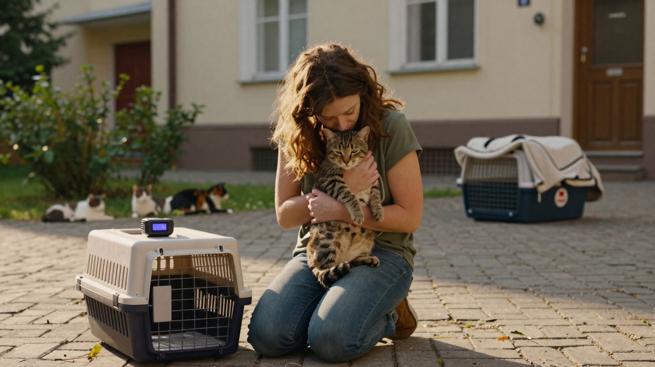 Frau kniet auf gepflastertem Hof und hält eine getigerte Katze, in der Nähe sind Katzenboxen und weitere Katzen.