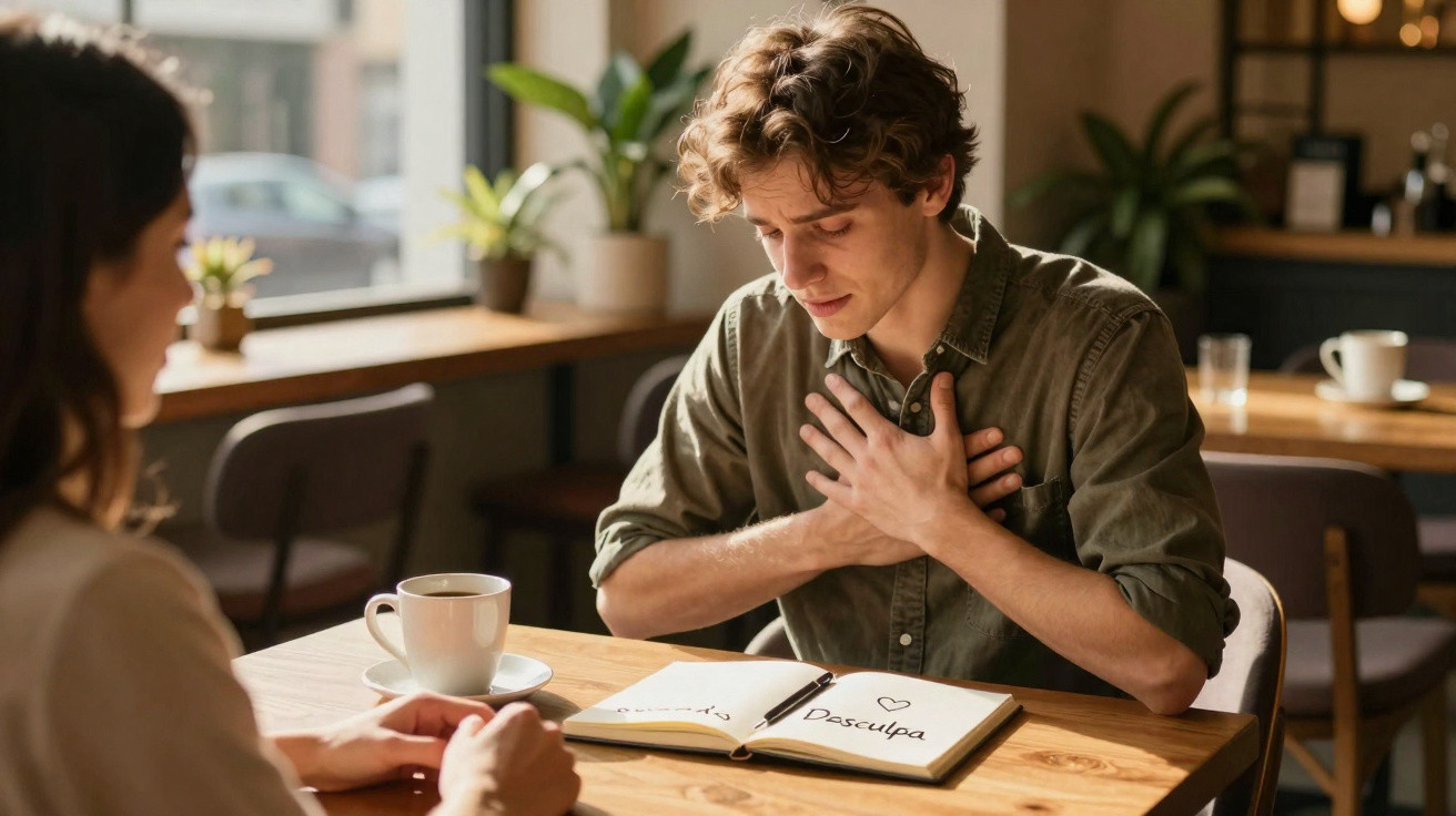 Junger Mann entschuldigt sich bei Frau in Café mit offenem Notizbuch und dem Wort „Desculpa“.