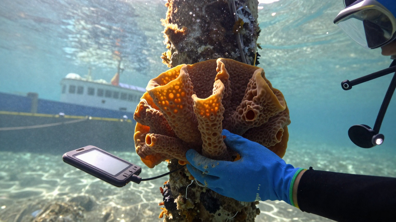Taucher mit blauen Handschuhen hält orangefarbenen Schwamm unter Wasser an Pfahl befestigt, Schiff im Hintergrund.