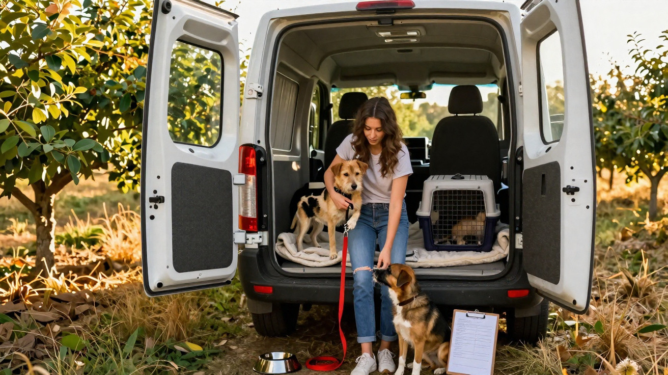 Frau kniet im Kofferraum eines Vans mit zwei Hunden und einem Tierkäfig in einem Obstgarten.