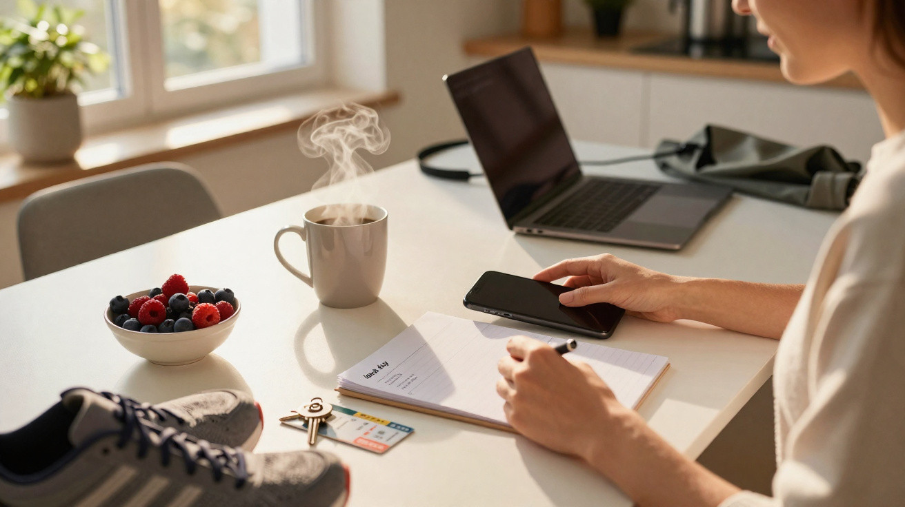 Frau sitzt am Tisch mit Handy, Notizblock, dampfender Tasse, Laptop, Schüssel Beeren und Sportschuhen.