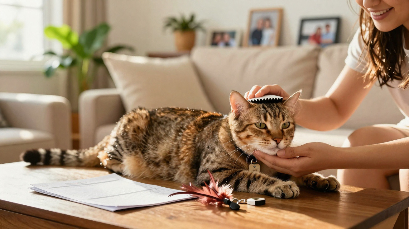 Frau bürstet entspannt eine liegende getigerte Katze auf einem Holztisch im Wohnzimmer.