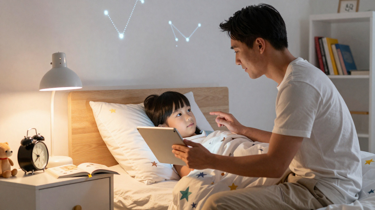 Vater liest seinem Kind im Bett eine Geschichte vor, Sternbild-Projektionen an der Wand sichtbar.