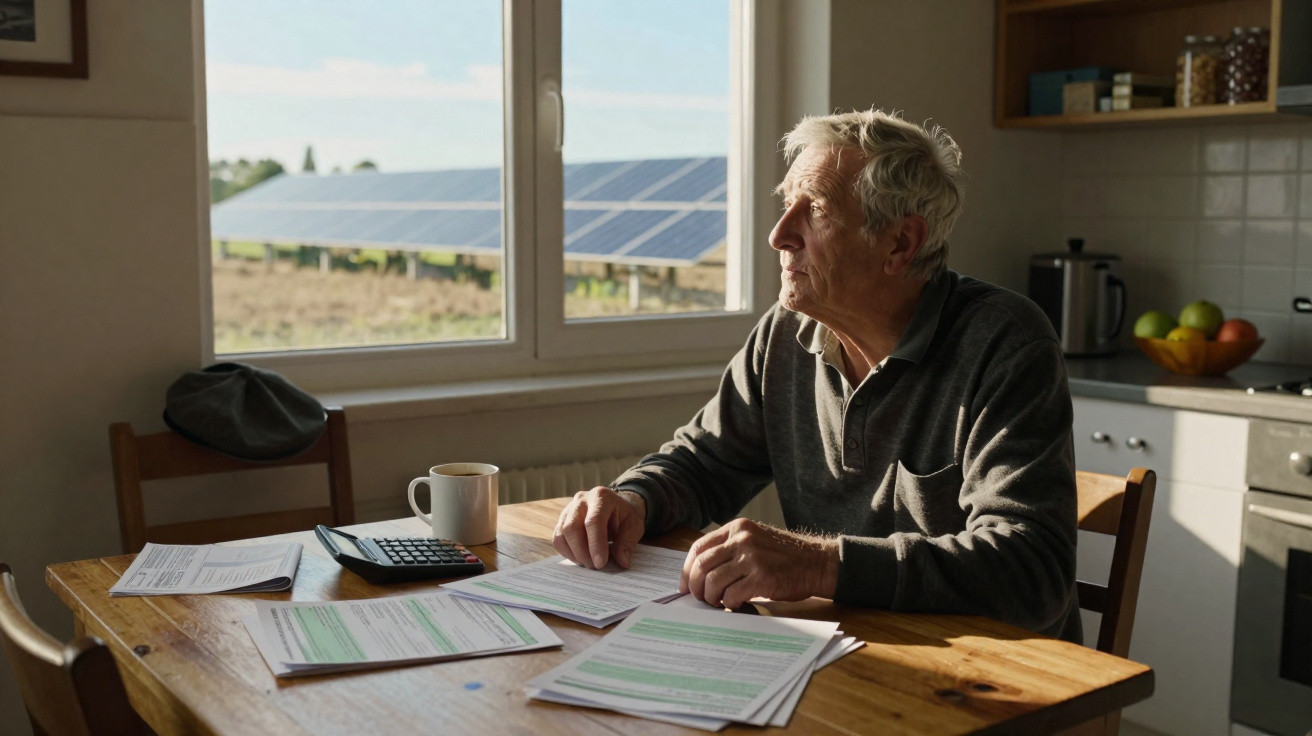 Älterer Mann sitzt am Küchentisch, prüft Rechnungen, Blick auf Solarpanels draußen durchs Fenster gerichtet.