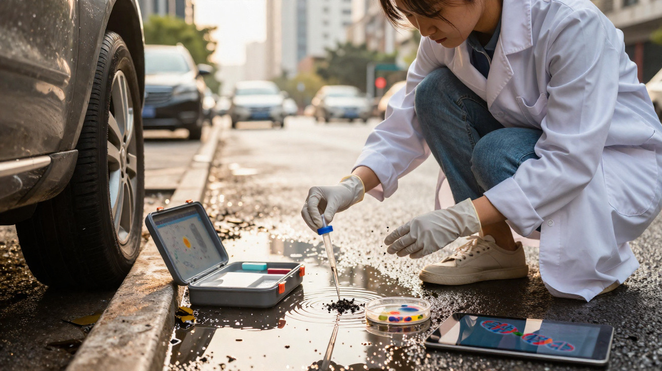 Wissenschaftlerin im weißen Kittel testet Wasserprobe aus einer Pfütze auf der Straße mit Laborutensilien.