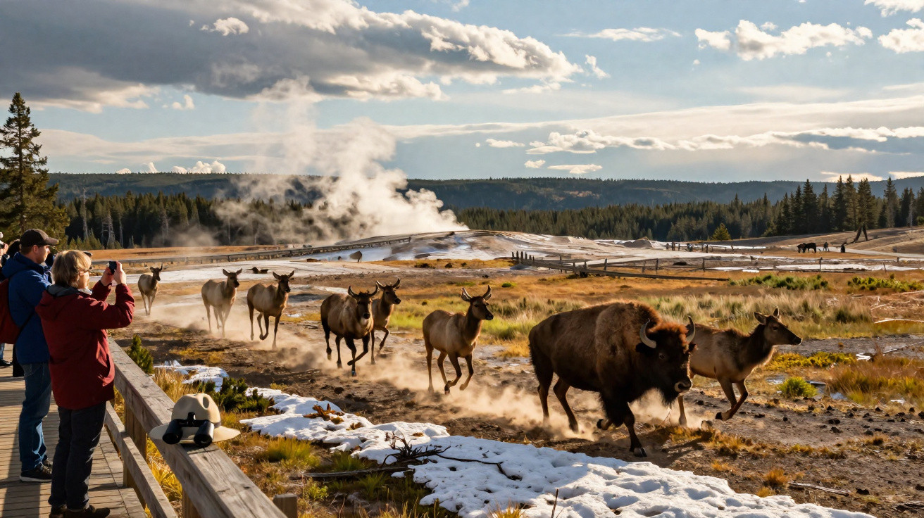 Bison und Hirsche rennen durch eine Landschaft mit geothermalen Quellen, während Touristen von einem Steg aus fotografieren.