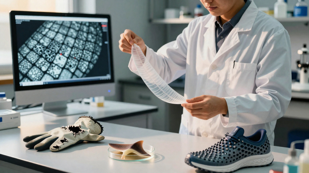 Wissenschaftler im Labor untersucht transparente flexible Membranprobe neben Sportschuh und Schutzhandschuh.