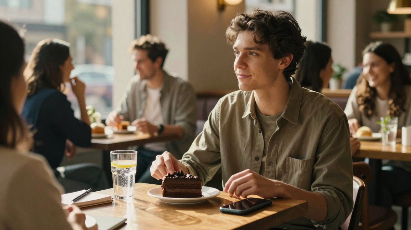 Junger Mann sitzt in Café, isst Schokoladenkuchen, Gespräche und neue Bekanntschaften im Hintergrund.