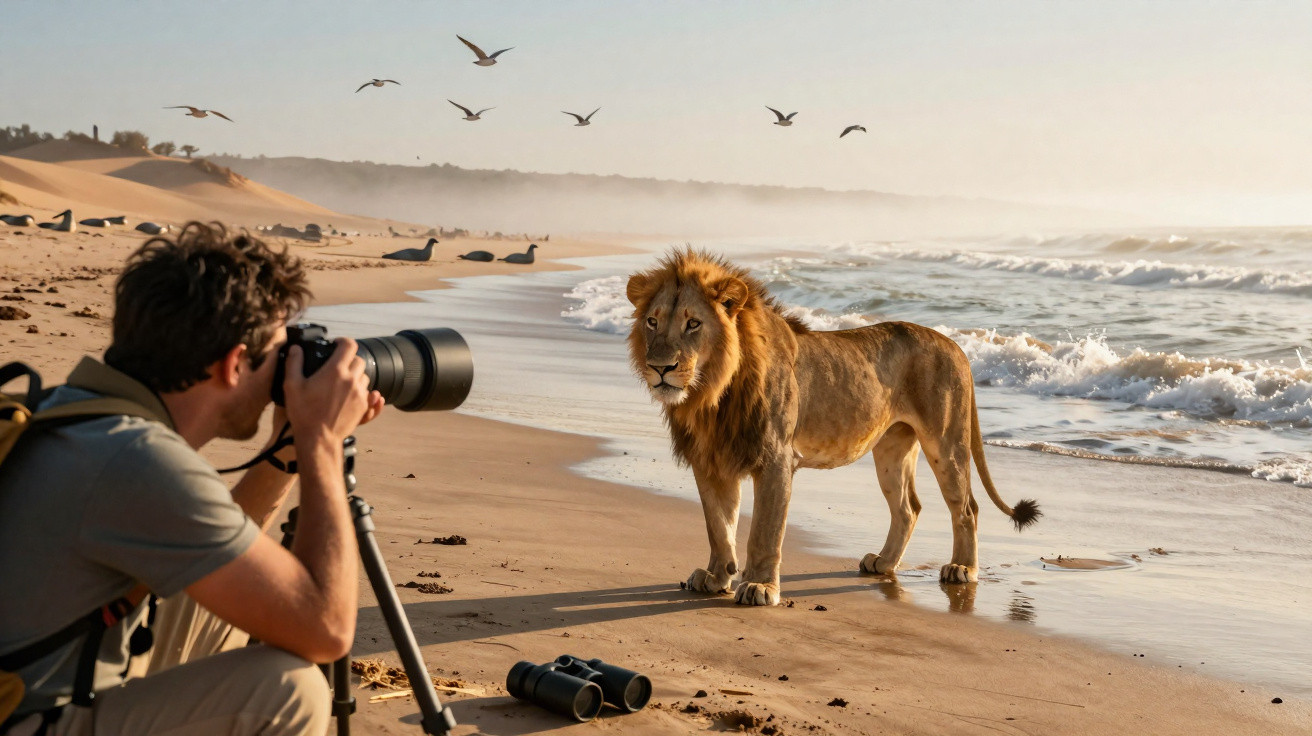 Fotograf macht am Strand Nahaufnahme eines Löwen, der am Wasser steht, während Vögel über dem Sand fliegen.