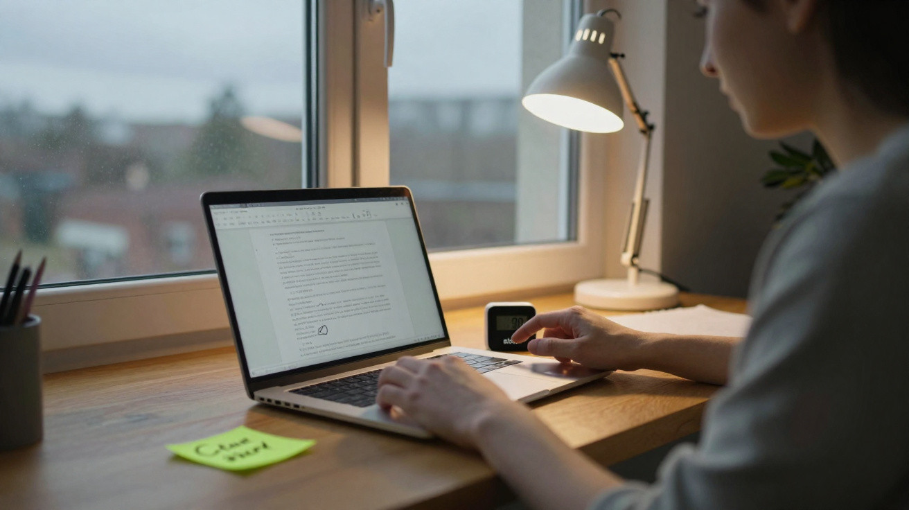 Person arbeitet an Laptop an Schreibtisch neben Fenster mit Schreibtischlampe und Notizzettel.