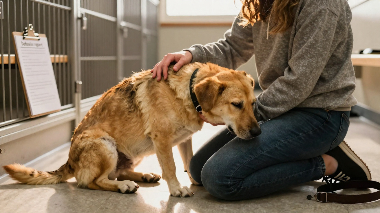 Frau kniet neben ängstlichem Hund im Tierheim und streichelt ihn tröstend am Kopf.