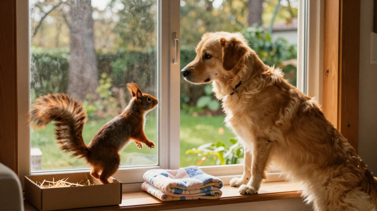 Ein Hund sitzt auf der Fensterbank und blickt einem Eichhörnchen gegenüber, das auf einer Kiste steht.