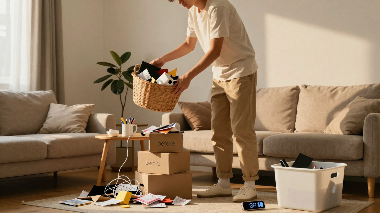 Person ordnet Papiere und Gegenstände in einem Wohnzimmer mit Kartons und Sofas ein.