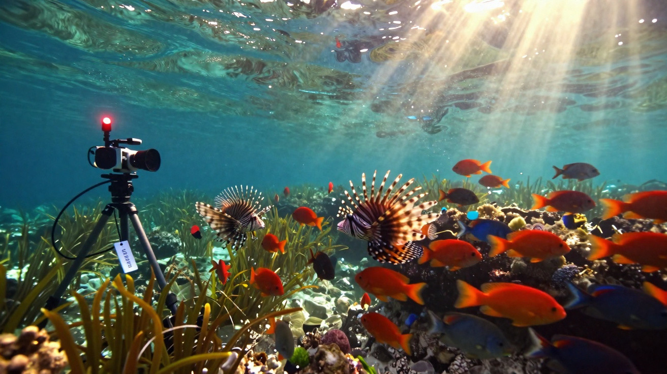 Unterwasseraufnahme mit Fischschwärmen, Korallen und einer Kamera auf einem Stativ im klaren blauen Wasser.